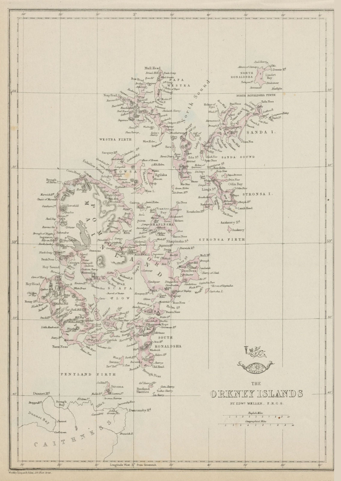 ORKNEY ISLANDS. Kirkwall Mianland Pomona Hoy Scotland. WELLER 1863 old map